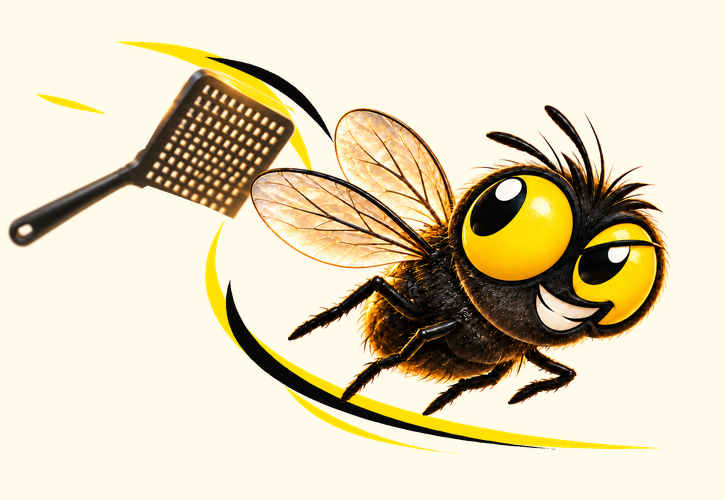 The grinning SWAT fly dodges a fly swatter, leaving sweeping yellow and black motion trails.